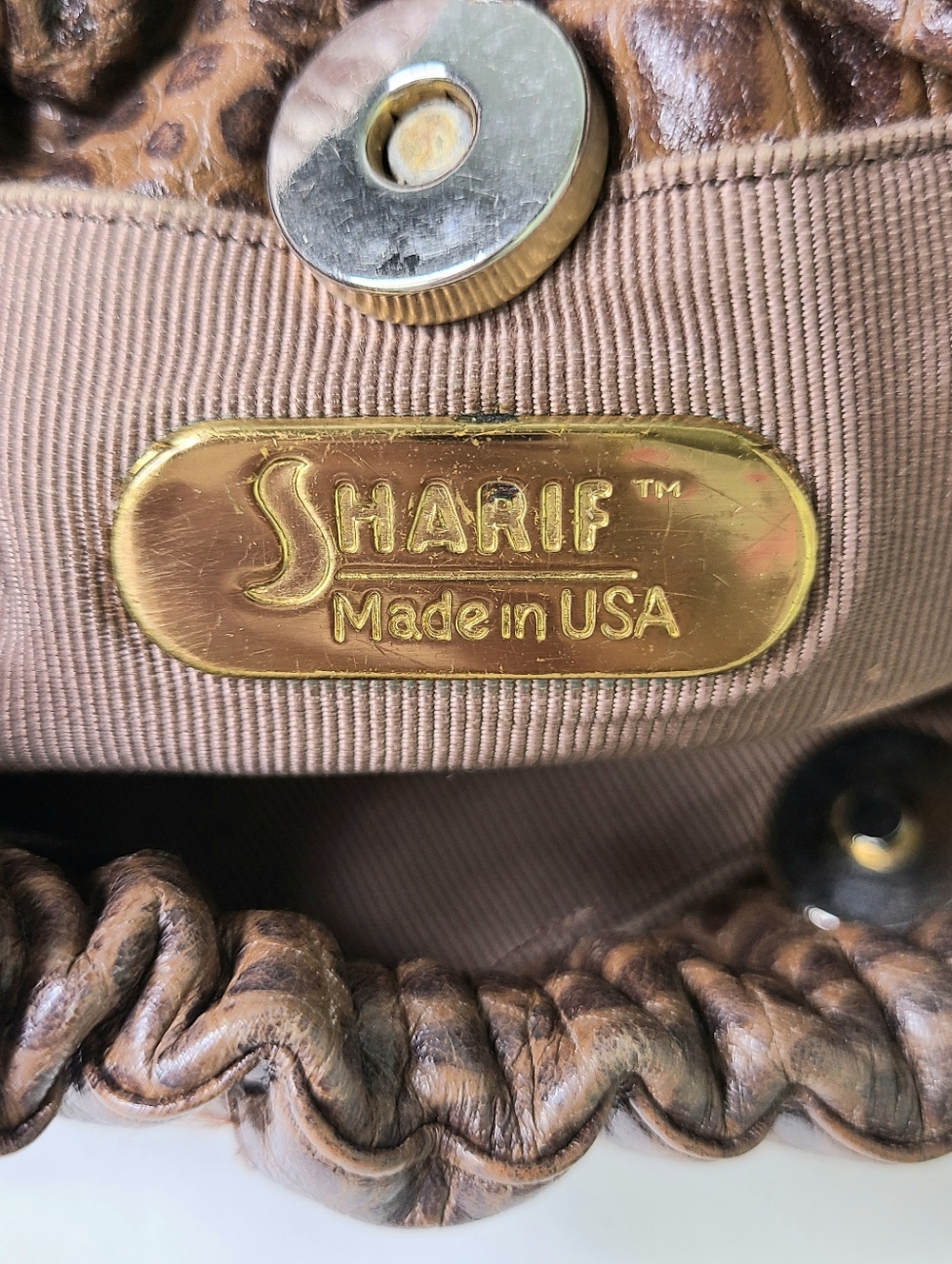 Sharif Made in USA Studded Fold Over Drawstring Vintage Leather Bucket Bag - Picture 12 of 12